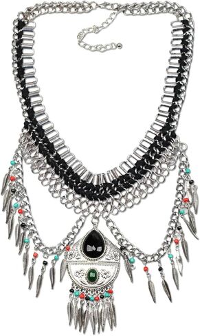 Vintage Pendant Necklace Leaves Tassel Wide Chain Statement Chunky Women Alloy Metal Colorful Bead Jewelry in Kuwait