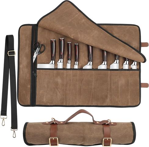 Knife Roll with Leather Straps and Metal Buckles, Double Layer Waxed Canvas Knife Bag, Large Chef Knife Bag with Handle and Shoulder Strap in Kuwait