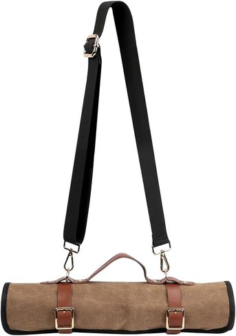 Knife Roll with Leather Straps and Metal Buckles, Double Layer Waxed Canvas Knife Bag, Large Chef Knife Bag with Handle and Shoulder Strap in Kuwait