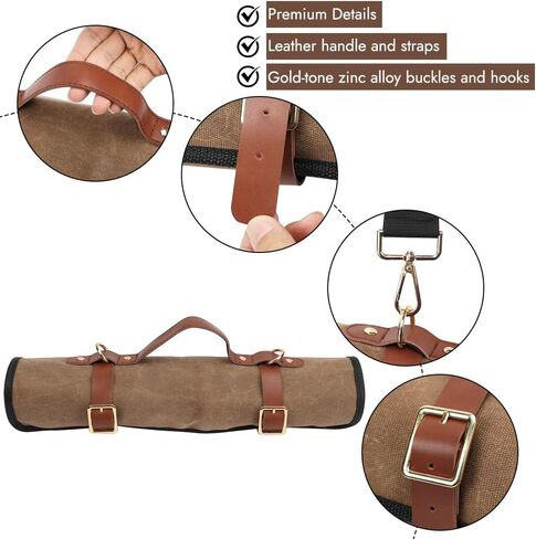 Knife Roll with Leather Straps and Metal Buckles, Double Layer Waxed Canvas Knife Bag, Large Chef Knife Bag with Handle and Shoulder Strap in Kuwait