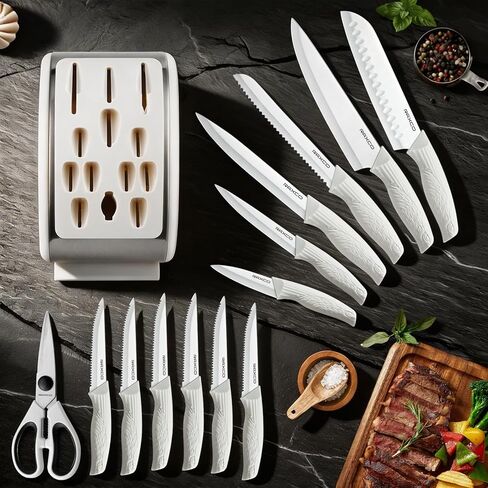 RAXCO Knife Set with Block,12-Piece Stainless Steel Kitchen Knives for Professional Cutting,White in Saudi Arabia