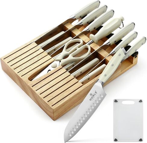 N NOBLE FAMILY In-drawer Knife Block Set, 16PCS Kitchen Knife Set with Wooden Block, Chopping Knives Set, Stainless Steel Knife Block Set, Sharp Cooking Knife Set with Cutting Board, Rust Proof, White in Saudi Arabia