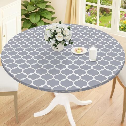 Smiry Round Picnic Tablecloth, Waterproof Elastic Fitted Table Covers for 45" - 56" Tables, Wipeable Flannel Backed Vinyl Tablecloths for Camping, Indoor, Outdoor, Grey & White in Saudi Arabia