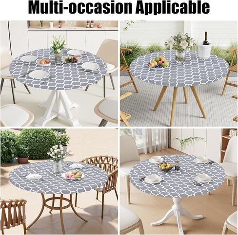 Smiry Round Picnic Tablecloth, Waterproof Elastic Fitted Table Covers for 45" - 56" Tables, Wipeable Flannel Backed Vinyl Tablecloths for Camping, Indoor, Outdoor, Grey & White in Saudi Arabia