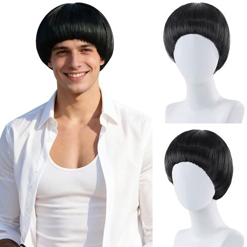 شعر مستعار بني على شكل فطر + نظارات + قبعة شعر مستعار للرجال شعر مستعار قصير مقطوع على شكل وعاء لأزياء الأفلام والحفلات التنكرية والهالوين (بني داكن) in Kuwait