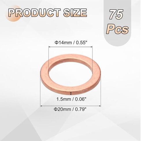 uxcell 75Pcs M14 Flat Washer Copper Washer Sealing Rings, 14mm ID 20mm OD 1.5mm Thickness Copper Crush Washers Metric Sealing Gasket for Plumbing Machinery Automotive in Saudi Arabia
