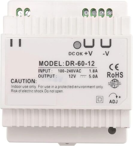DR-60-12 DIN مزود طاقة للسكك الحديدية، مخرج 12 فولت تيار مستمر 5 أمبير، مدخل تيار متردد 100-240 فولت، محول صناعي مع حماية من التحميل الزائد in Saudi Arabia