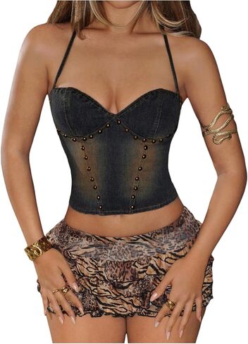 MakeMeChic Women's Y2k Denim Camis Crop Top Backless Rivet Studded Jean Tops in Saudi Arabia