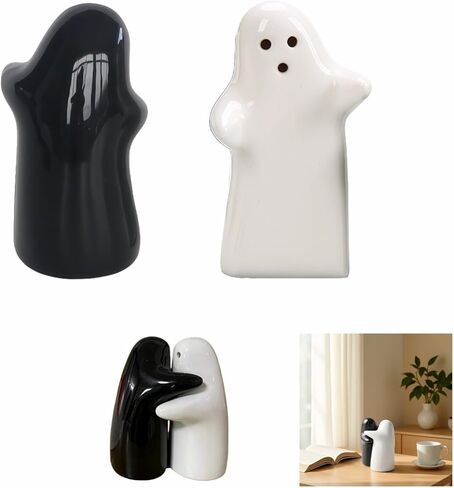 هزازات الملح والفلفل، تصميم شبح السيراميك، زوجين معانقة باللونين الأبيض والأسود، هدايا الزفاف، ديكور المطبخ، الهالوين، قابلة لإعادة الملء وسهلة الاستخدام (أسود وأبيض) in Kuwait