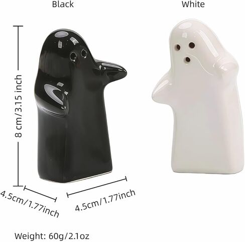 هزازات الملح والفلفل، تصميم شبح السيراميك، زوجين معانقة باللونين الأبيض والأسود، هدايا الزفاف، ديكور المطبخ، الهالوين، قابلة لإعادة الملء وسهلة الاستخدام (أسود وأبيض) in Kuwait