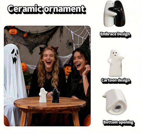 هزازات الملح والفلفل، تصميم شبح السيراميك، زوجين معانقة باللونين الأبيض والأسود، هدايا الزفاف، ديكور المطبخ، الهالوين، قابلة لإعادة الملء وسهلة الاستخدام (أسود وأبيض) in Kuwait