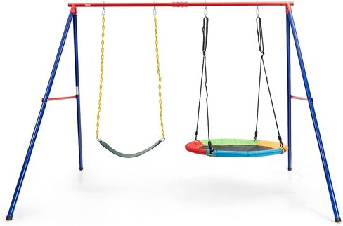 مجموعات أرجوحة OLAKIDS للفناء الخلفي، 7 في 1 للأماكن الخارجية بوزن 660 رطل، حامل أرجوحة معدني شديد التحمل مع قضيب قرد للأطفال، مجموعة لعب مع منزلق، 2 أرجوحة، طائرة شراعية، حلقات أرجوحة، طوق كرة السلة in Kuwait