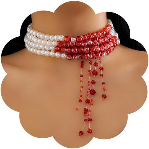 Blood Necklaces for Women Handmade Artificial Pearl Blood Drop Necklace Crystal Bead Bloodshot Fringe Necklace Halloween Vampire Jewelry in Saudi Arabia