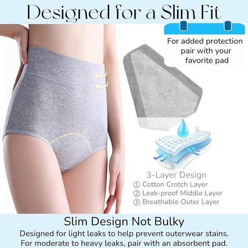 Women's Incontinence Underwear Washable 3 Pack，Breathable Cotton Leak Proof Underwear,Night Leak Proof (Grey/Pink/Beige, X-Large-Waist: 25.9''- 40.1'') in Saudi Arabia