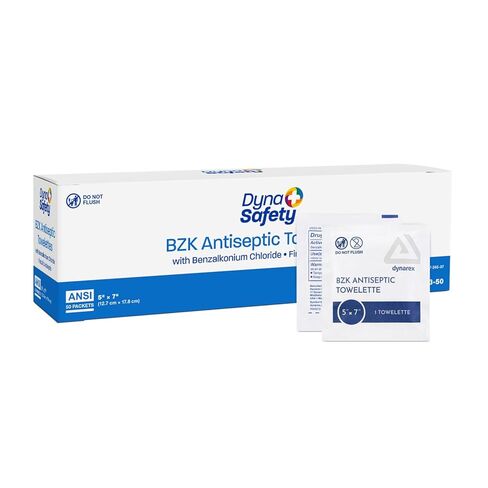 مناديل مطهرة Dynarex DynaSafety BZK - معقمة، خالية من الكحول والعطور، تنظيف لطيف، آمنة على الجروح الطفيفة - 5 بوصة × 7 بوصة - 50 لكل صندوق in Kuwait