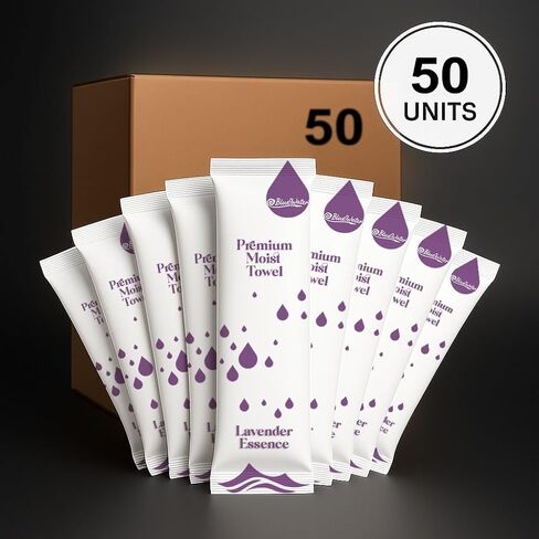 BlueWater (عبوة من 50 قطعة) مناشف رطبة معطرة مغلفة بشكل فردي - مناشف فاخرة للاستخدام الفردي (12x12 بوصة، عبوة بيضاء، رائحة اللافندر) in Saudi Arabia