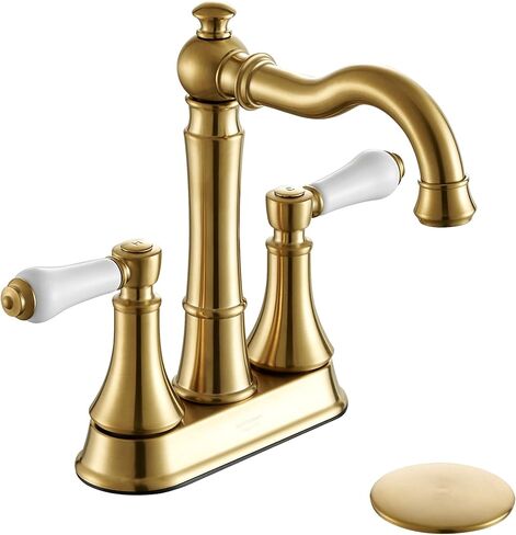 Porcelain 2-Handle Brushed Gold Bathroom Faucet 4 inch Centerset with Plastic Pop-up Drain, Classical Gold Bathroom Vanity Sink Faucets for 3 Holes, High Arc 360° Swivel Brass Spout in Saudi Arabia