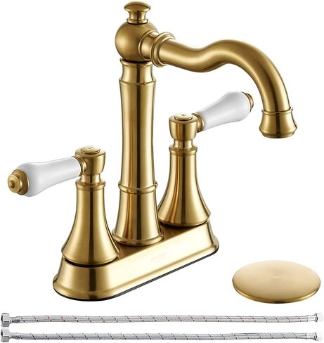 Porcelain 2-Handle Brushed Gold Bathroom Faucet 4 inch Centerset with Plastic Pop-up Drain, Classical Gold Bathroom Vanity Sink Faucets for 3 Holes, High Arc 360° Swivel Brass Spout in Saudi Arabia
