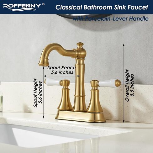 Porcelain 2-Handle Brushed Gold Bathroom Faucet 4 inch Centerset with Plastic Pop-up Drain, Classical Gold Bathroom Vanity Sink Faucets for 3 Holes, High Arc 360° Swivel Brass Spout in Saudi Arabia