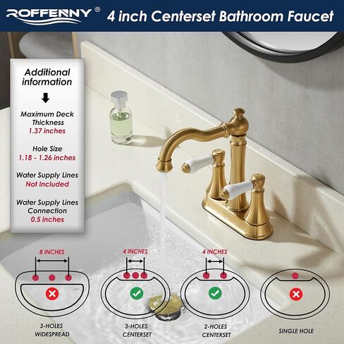 Porcelain 2-Handle Brushed Gold Bathroom Faucet 4 inch Centerset with Plastic Pop-up Drain, Classical Gold Bathroom Vanity Sink Faucets for 3 Holes, High Arc 360° Swivel Brass Spout in Saudi Arabia