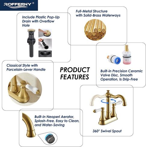 Porcelain 2-Handle Brushed Gold Bathroom Faucet 4 inch Centerset with Plastic Pop-up Drain, Classical Gold Bathroom Vanity Sink Faucets for 3 Holes, High Arc 360° Swivel Brass Spout in Saudi Arabia