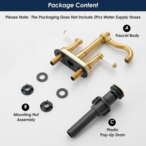 Porcelain 2-Handle Brushed Gold Bathroom Faucet 4 inch Centerset with Plastic Pop-up Drain, Classical Gold Bathroom Vanity Sink Faucets for 3 Holes, High Arc 360° Swivel Brass Spout in Saudi Arabia