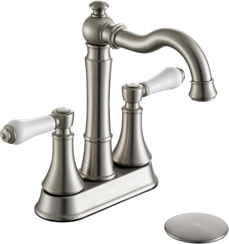 Porcelain 2-Handle Brushed Gold Bathroom Faucet 4 inch Centerset with Plastic Pop-up Drain, Classical Gold Bathroom Vanity Sink Faucets for 3 Holes, High Arc 360° Swivel Brass Spout in Saudi Arabia