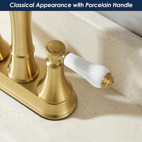Porcelain 2-Handle Brushed Gold Bathroom Faucet 4 inch Centerset with Plastic Pop-up Drain, Classical Gold Bathroom Vanity Sink Faucets for 3 Holes, High Arc 360° Swivel Brass Spout in Saudi Arabia