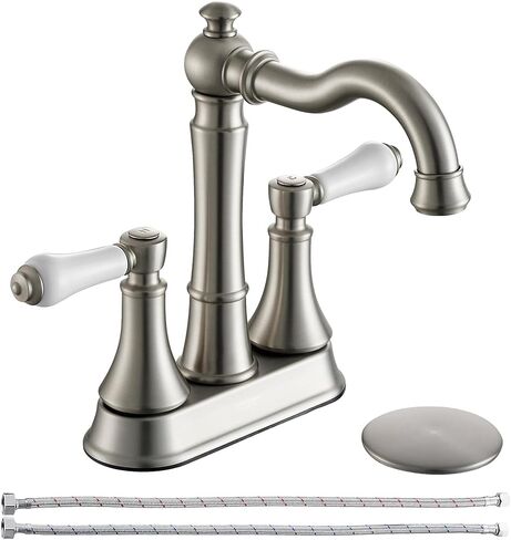 Porcelain 2-Handle Brushed Gold Bathroom Faucet 4 inch Centerset with Plastic Pop-up Drain, Classical Gold Bathroom Vanity Sink Faucets for 3 Holes, High Arc 360° Swivel Brass Spout in Saudi Arabia