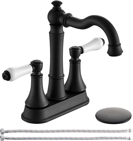 Porcelain 2-Handle Brushed Gold Bathroom Faucet 4 inch Centerset with Plastic Pop-up Drain, Classical Gold Bathroom Vanity Sink Faucets for 3 Holes, High Arc 360° Swivel Brass Spout in Saudi Arabia