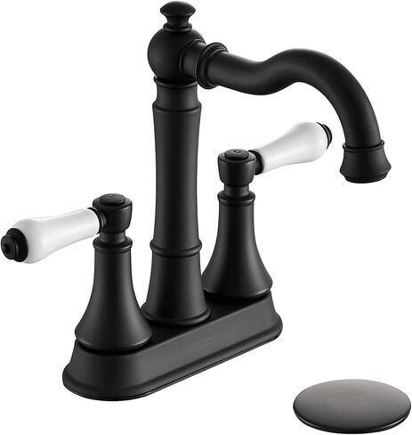 Porcelain 2-Handle Brushed Gold Bathroom Faucet 4 inch Centerset with Plastic Pop-up Drain, Classical Gold Bathroom Vanity Sink Faucets for 3 Holes, High Arc 360° Swivel Brass Spout in Saudi Arabia