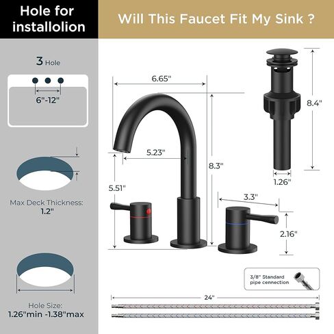 FORIOUS Black Bathroom Faucet 3 Hole, 360° Swivel 8 Inch Widespread Bathroom Sink Faucet and Pop Up Drain 2 Handle Faucets for Sink, Vanity, RV, Lavatory, Farmhouse in Saudi Arabia