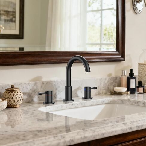 FORIOUS Black Bathroom Faucet 3 Hole, 360° Swivel 8 Inch Widespread Bathroom Sink Faucet and Pop Up Drain 2 Handle Faucets for Sink, Vanity, RV, Lavatory, Farmhouse in Saudi Arabia