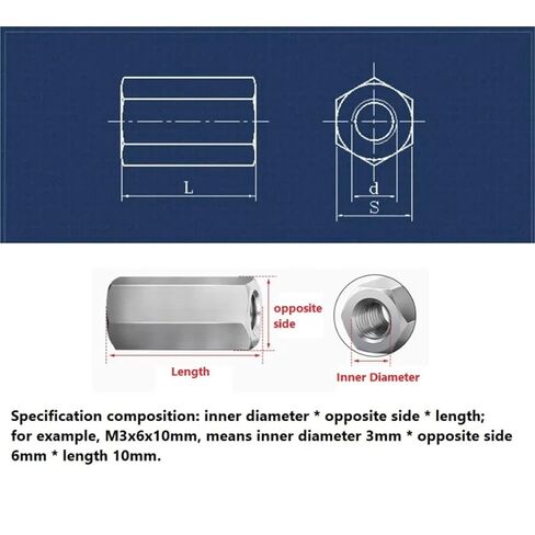 304 Stainless Steel Hexagon Hex Extended Long Rod Coupling Nut Connector Joint Tubular M3 M4 M5 M6(M6x10x50mm-5pcs) in Saudi Arabia