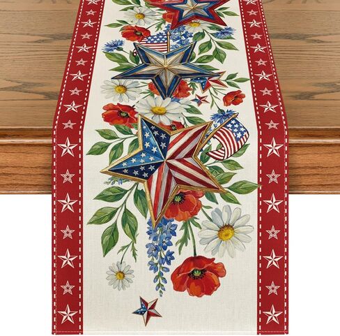 Artoid Mode American Flag Stars Flowers 210 GSM 4th of July Table Runner, Memorial Day Kitchen Dining Table Decoration for Home Party Decor 13x72 Inch in Saudi Arabia
