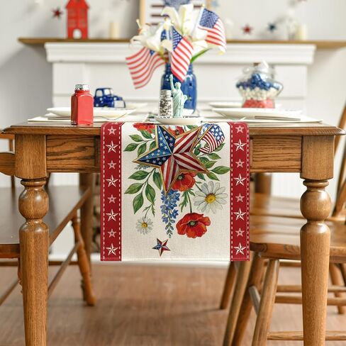 Artoid Mode American Flag Stars Flowers 210 GSM 4th of July Table Runner, Memorial Day Kitchen Dining Table Decoration for Home Party Decor 13x72 Inch in Saudi Arabia