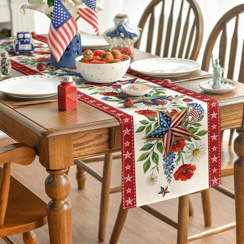 Artoid Mode American Flag Stars Flowers 210 GSM 4th of July Table Runner, Memorial Day Kitchen Dining Table Decoration for Home Party Decor 13x72 Inch in Saudi Arabia