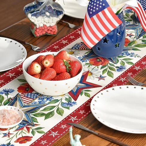 Artoid Mode American Flag Stars Flowers 210 GSM 4th of July Table Runner, Memorial Day Kitchen Dining Table Decoration for Home Party Decor 13x72 Inch in Saudi Arabia