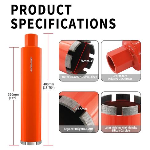 3 Inch (76mm) Industrial Laser-Welded Diamond Core Drill Bit, 14 Inch Drilling Depth, 1-1/4"-7 UNC Thread – Heavy Duty Wet Core Bit for Reinforced Concrete, Asphalt, Brick, Stone in Kuwait