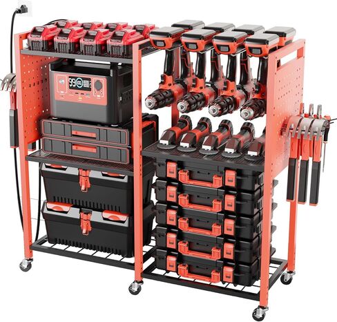 6-Tier Large Power Tool Organizer Cart with Charging Station, Heavy-Duty Garage Rolling Tool Cart with 6 Wheels, 8 Hooks & Adjustable Shelves, Holds 700LBS+ in Kuwait