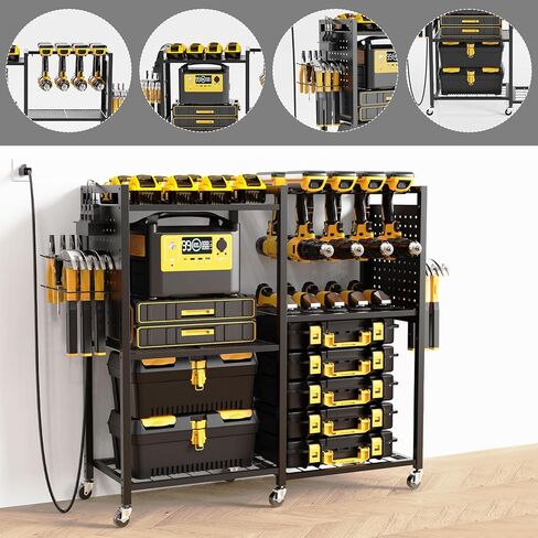 6-Tier Large Power Tool Organizer Cart with Charging Station, Heavy-Duty Garage Rolling Tool Cart with 6 Wheels, 8 Hooks & Adjustable Shelves, Holds 700LBS+ in Kuwait
