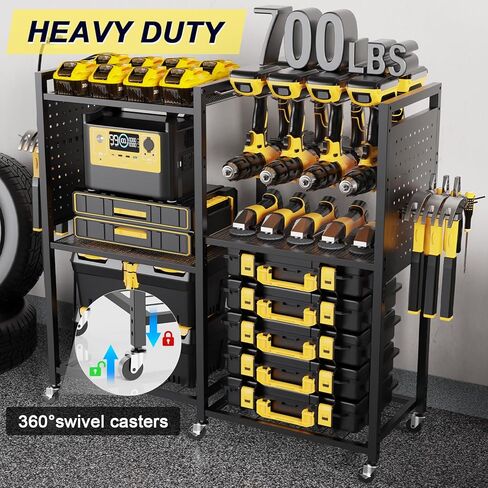 6-Tier Large Power Tool Organizer Cart with Charging Station, Heavy-Duty Garage Rolling Tool Cart with 6 Wheels, 8 Hooks & Adjustable Shelves, Holds 700LBS+ in Kuwait