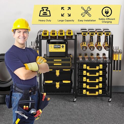 6-Tier Large Power Tool Organizer Cart with Charging Station, Heavy-Duty Garage Rolling Tool Cart with 6 Wheels, 8 Hooks & Adjustable Shelves, Holds 700LBS+ in Kuwait