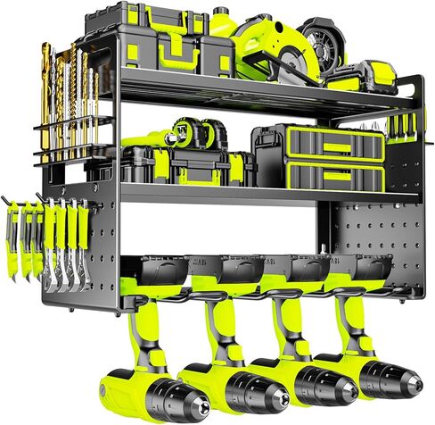 Power Tool Organizer Wall Mount, Drill Holder tool storage with Hooks & Screwdriver Organizer, Heavy Duty Iron 3 Layers Garage Storage Shelf for Workshop Shed Pegboard Basement(Black) in Kuwait
