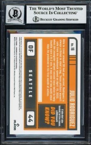Julio Rodriguez Autographed 2022 Panini Classics Rookie Card #16 Seattle Mariners Auto Grade Gem Mint 10 Beckett BAS #17037852 - Baseball Slabbed Autographed Rookie Cards in Saudi Arabia