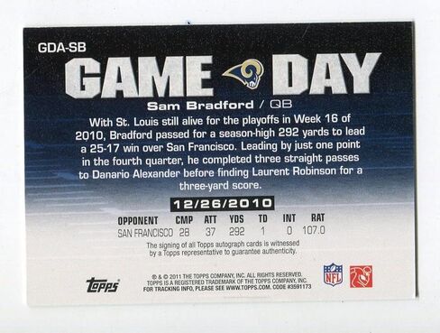 سام برادفورد 2011 Topps Game Day بطاقة المبتدئين الموقعة - بطاقات المبتدئين الموقعة لكرة القدم in Saudi Arabia