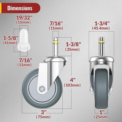 HOLKIE Stem Caster Wheels 3 inch Casters Set of 5, 7/16-Inch Stem Diameter Swivel Castor Heavy Duty TPR Rubber Replacement Castors for Trash Can Dolly, Work Stool in Kuwait