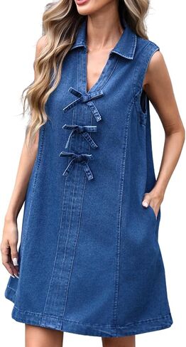 LifeShe Denim Dress for Women Summer Sleeveless V Neck Bow Tie Front Jean Mini Dresses in Saudi Arabia