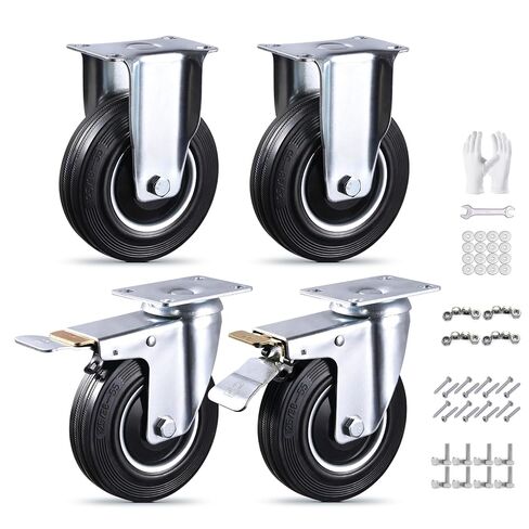 مجموعة عجلات 5 بوصة مكونة من 4 عجلات مطاطية صناعية شديدة التحمل مع غطاء مقاوم للغبار، سعة 1120 رطل، عجلتان صلبتان وعجلتان قفل دوارتان لمنضدة العمل والعربة والخارجية (القفازات والأدوات متضمنة) in Kuwait