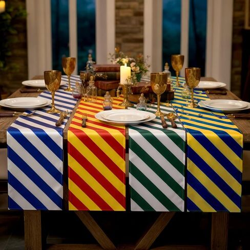 Hahafelt 4 Pcs Wizard Table Runner Red Golden Green Blue Stripes Party Decoration Witch Birthday Dining Room Home Kitchen Island Decor Table Cover Runner Themed Party Supplies in Saudi Arabia